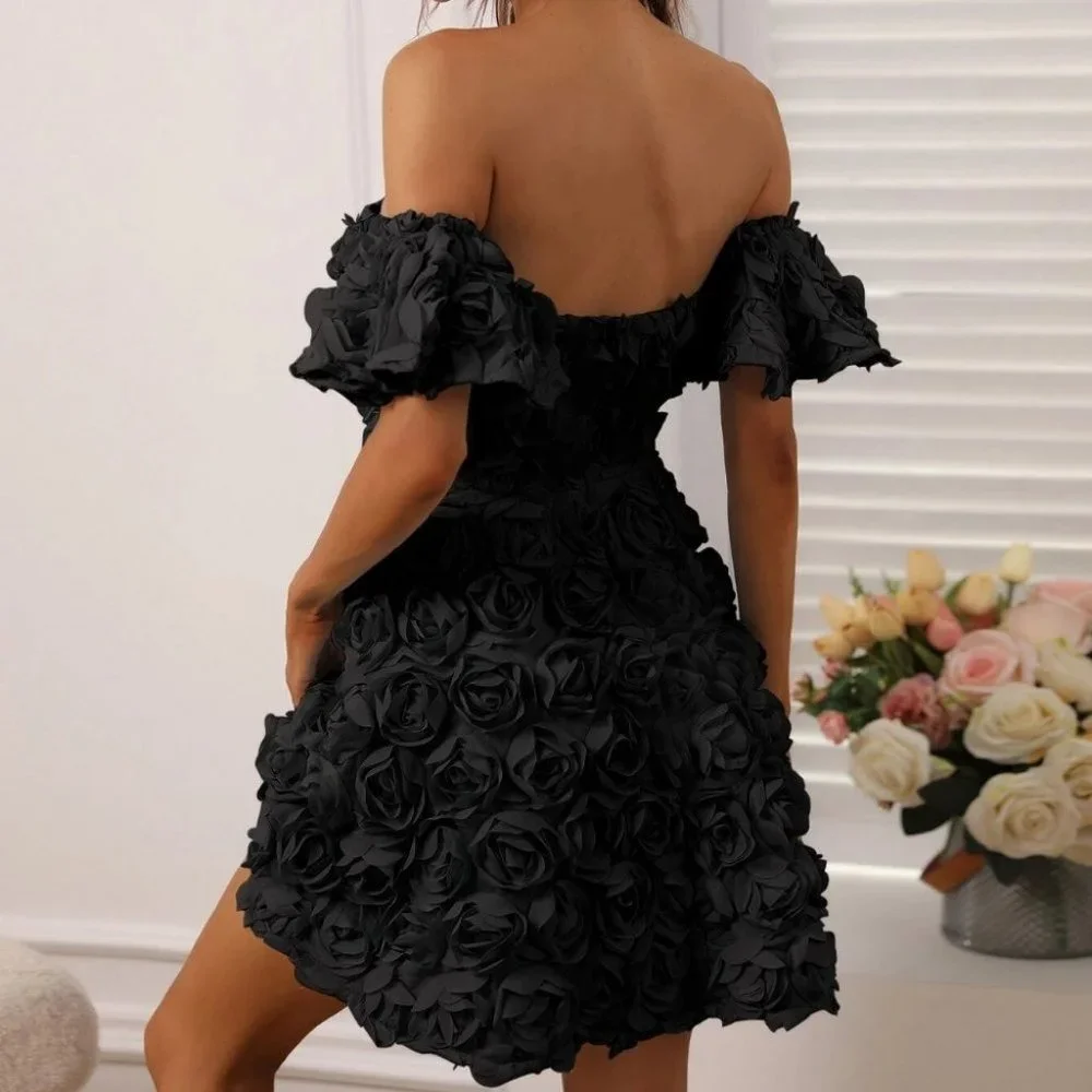 Black Preppy Womens Off Shoulder Contrast Mesh Appliques Dress - Picture 2 of 5